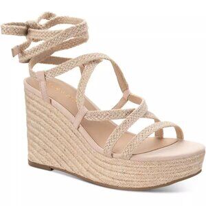 SUN+STONE TRINNIE Strappy Ankle-Tie Platform Wedge Heel Sandals Beige Size 9